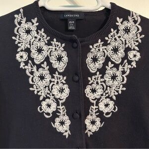 Lands' End Women’s Navy Cardigan Sweater with White Floral Embroidery Size XS